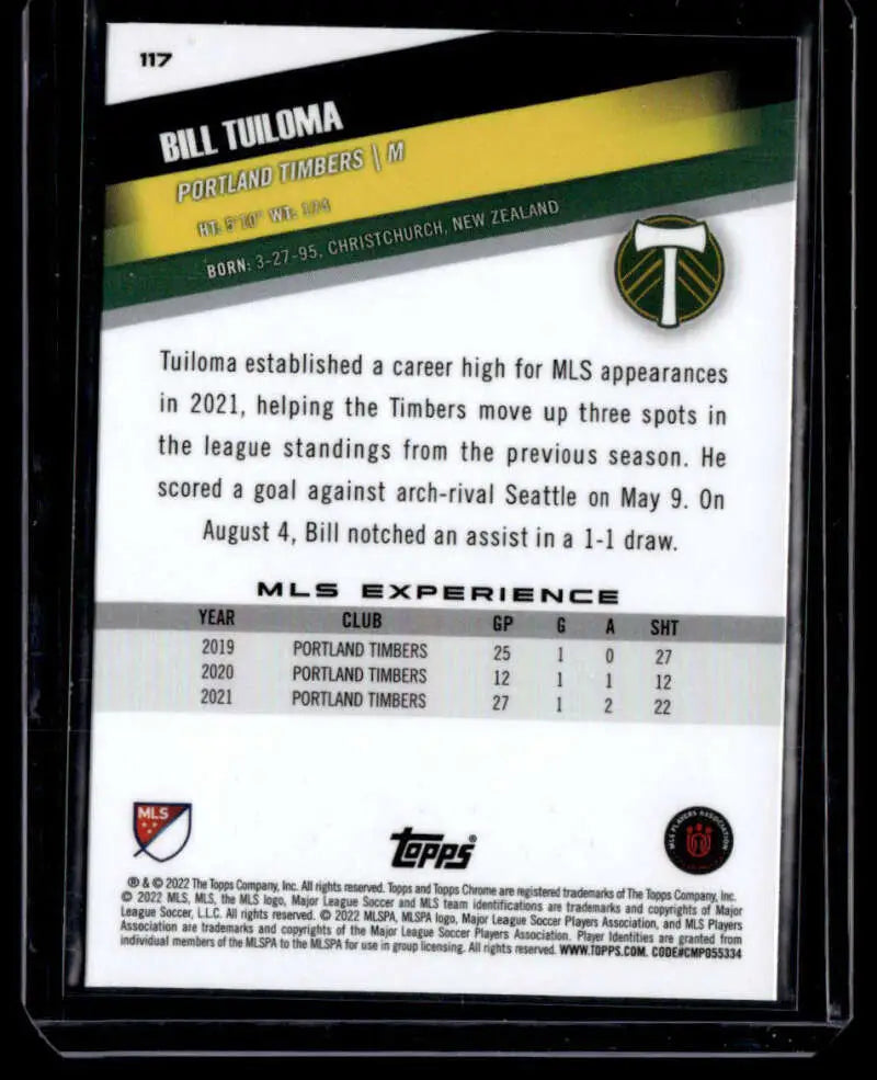 Trading card of Bill Tuiloma with statistics from Topps MLS Chrome for Portland Timbers