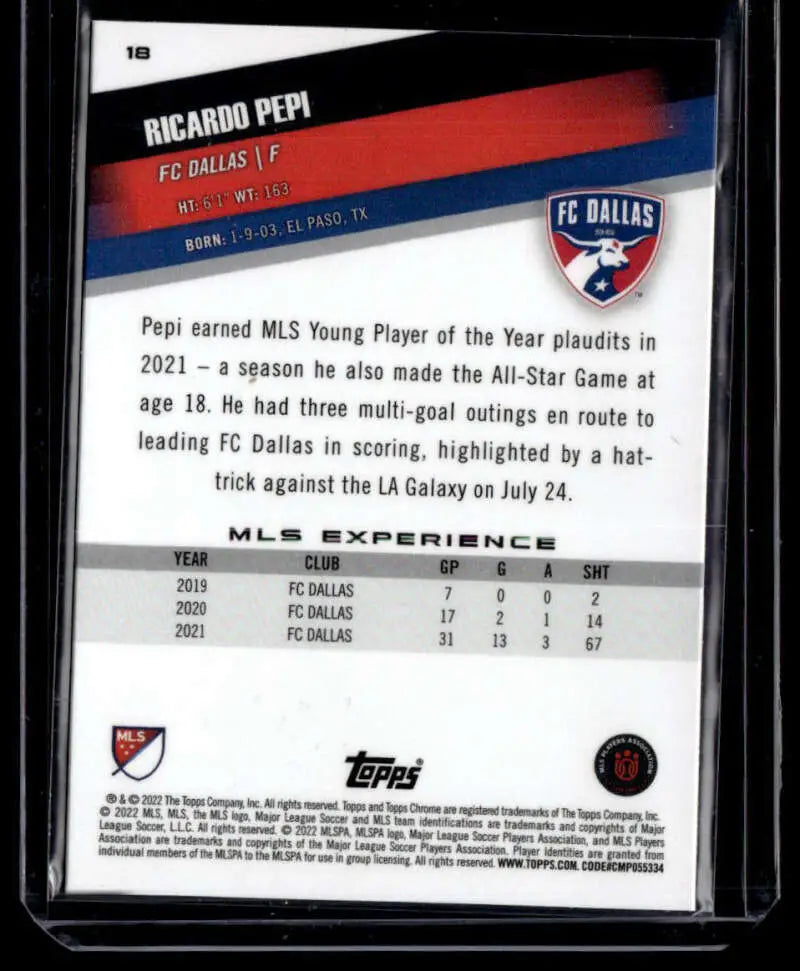 Trading card of Ricardo Pepi with MLS stats, 2022 Topps MLS Chrome Dallas soccer card