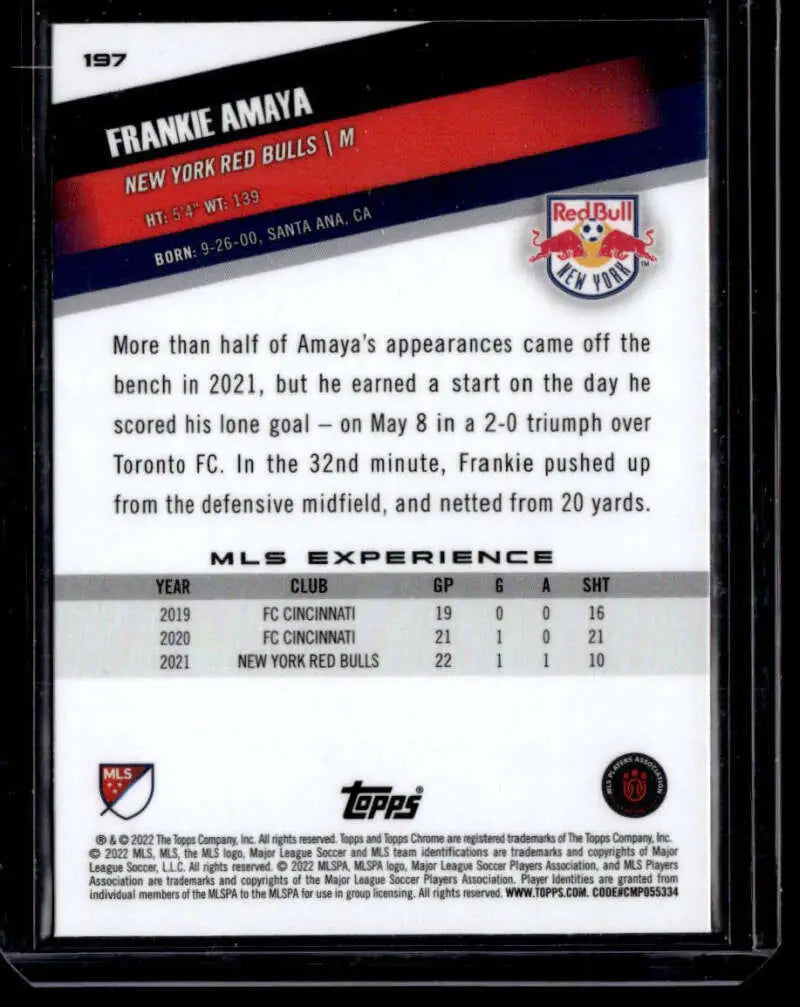 Soccer trading card of Frankie Amaya from New York Red Bulls with player stats