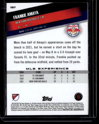 Soccer trading card of Frankie Amaya from New York Red Bulls with player stats