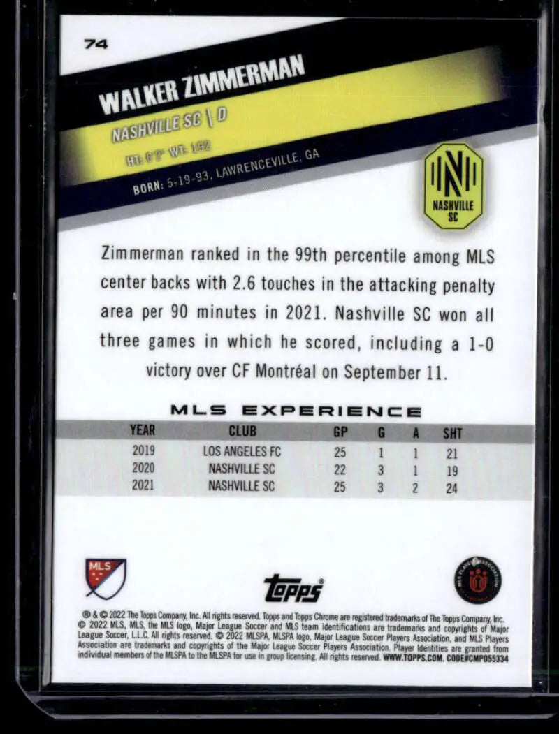 Walker Zimmerman soccer card featuring statistics from Topps MLS Chrome for Nashville SC