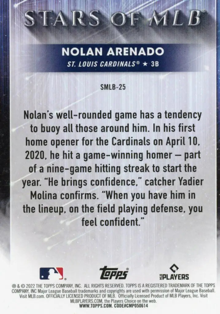 Back view of the 2022 Topps Nolan Arenado MLB Insert STL Cardinals SMLB-25 card