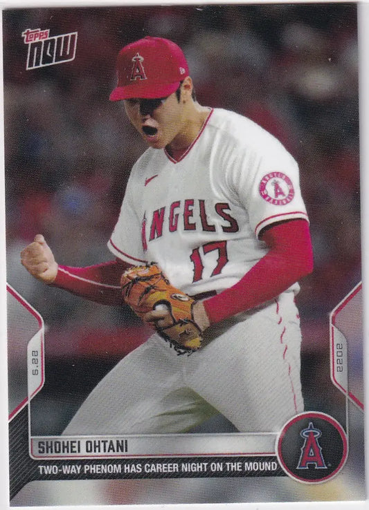 Baseball card of Shohei Ohtani in white Angels uniform, number 17, 2022 Topps Now