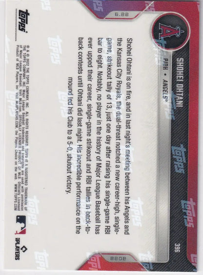 Back of 2022 Topps Now Shohei Ohtani card with Los Angeles Angels logo and text