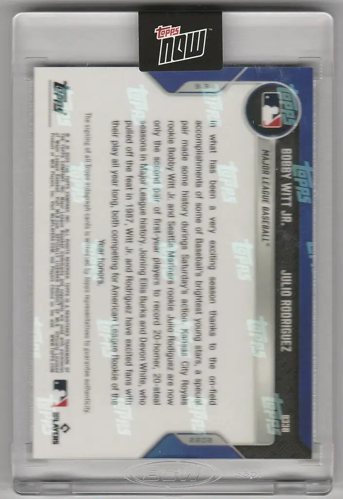 Back of 2022 Topps Now Auto #833B Bobby Witt trading card with player stats