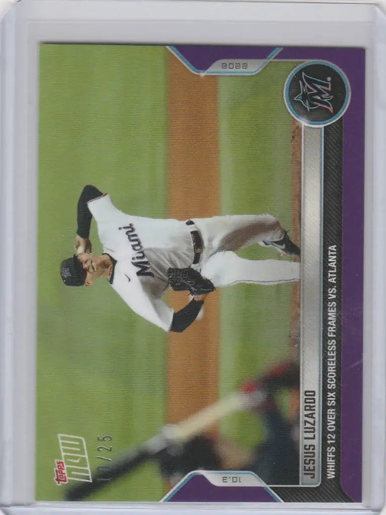 Baseball trading card of Jesus Luzardo pitching for Miami Marlins in 2022 Topps Now