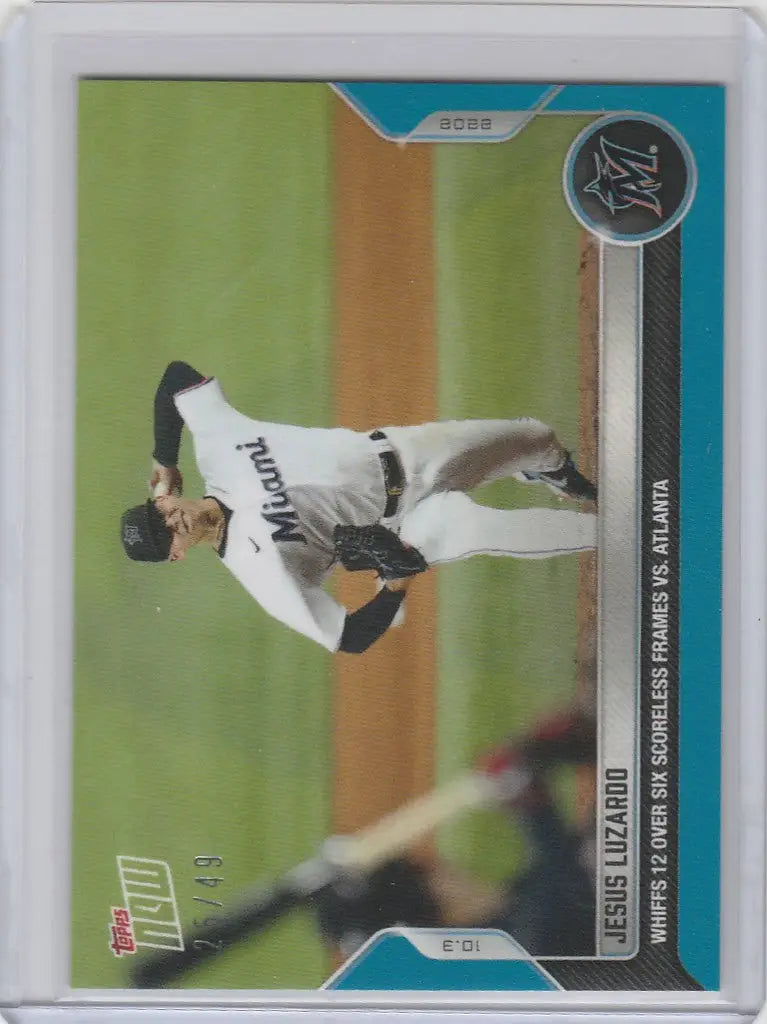 Baseball trading card of Jesus Luzardo Miami Marlins mid-throw on the mound