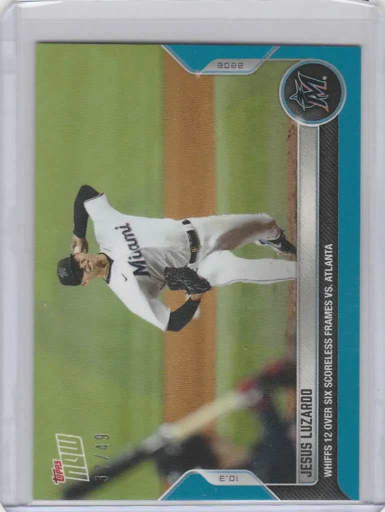 Baseball trading card of Jesus Luzardo Miami Marlins pitching on the field