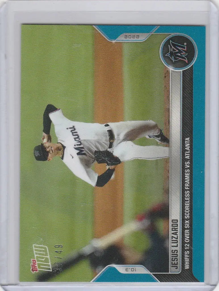 Baseball trading card of Jesus Luzardo in mid-throw for Miami Marlins 38/49