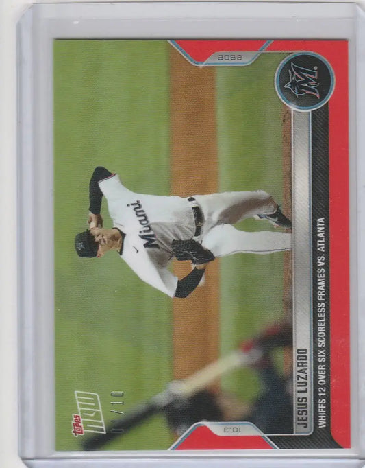 Baseball trading card of Jesus Luzardo Miami Marlins pitcher mid-throw on the mound