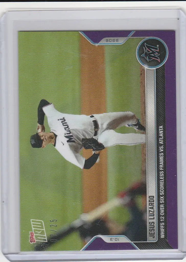 Baseball trading card of Jesus Luzardo in mid-throw for Miami Marlins 7/25