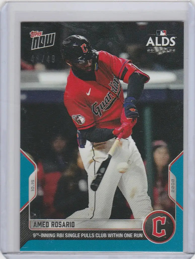 Amed Rosario Cleveland Guardians baseball card swinging bat in red jersey