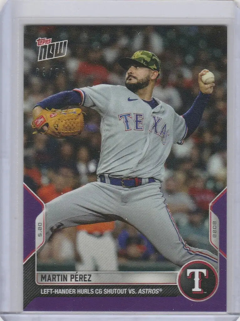 Baseball card of Martin Perez Texas Rangers pitcher in mid-throw, 2022 Topps Now