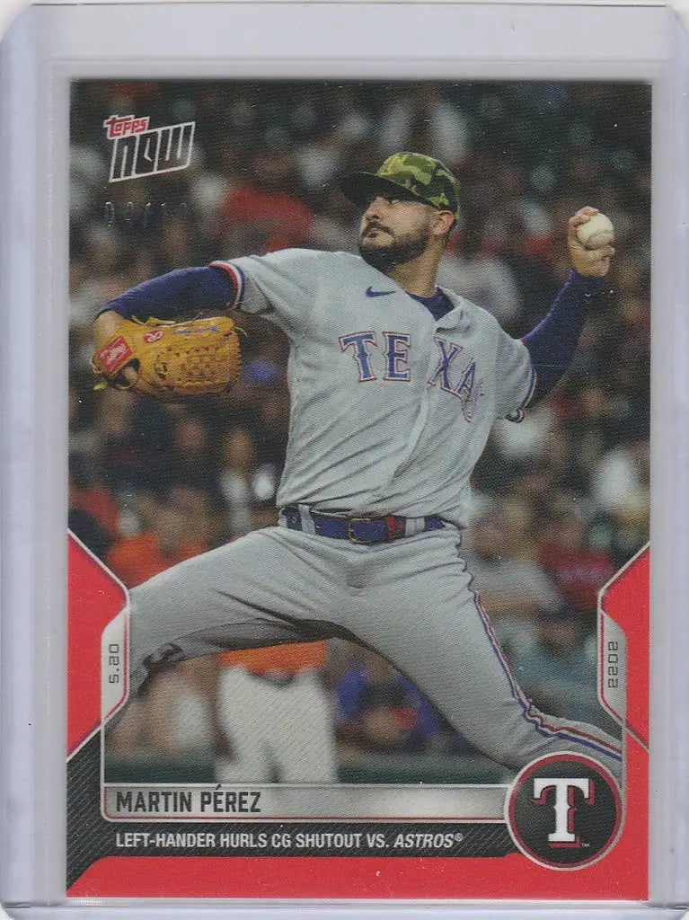 Baseball card of Martin Perez Texas Rangers pitcher in mid-throw action