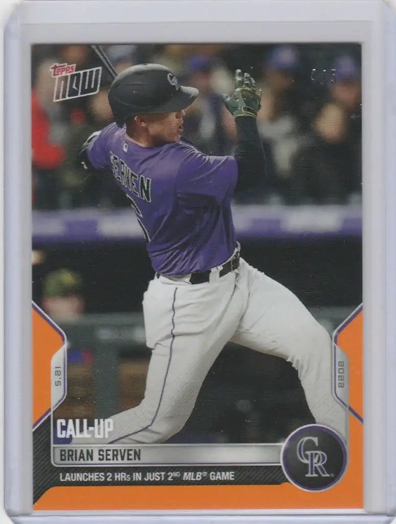 Baseball card of Brian Serven Colorado Rockies player mid-swing in 2022 Topps Now