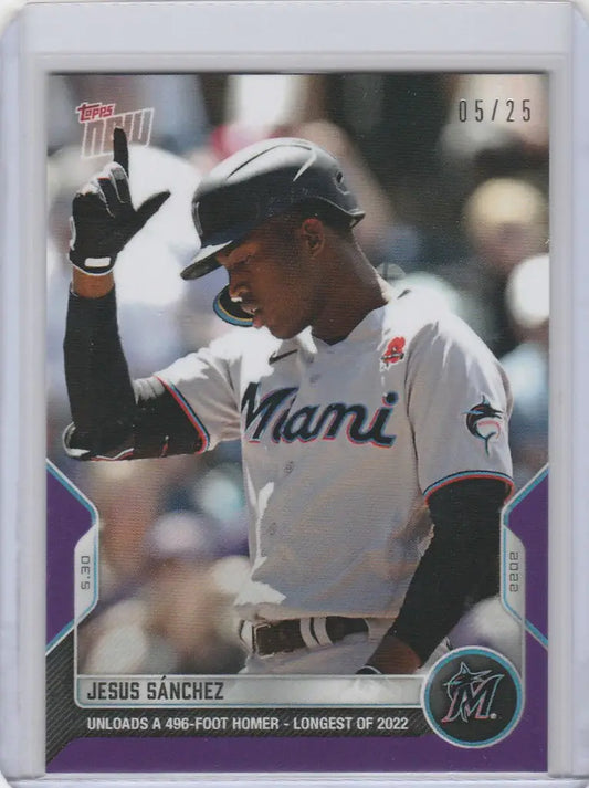 Baseball card of Jesus Sanchez Miami Marlins in batting stance, 2022 Topps Now Parallel