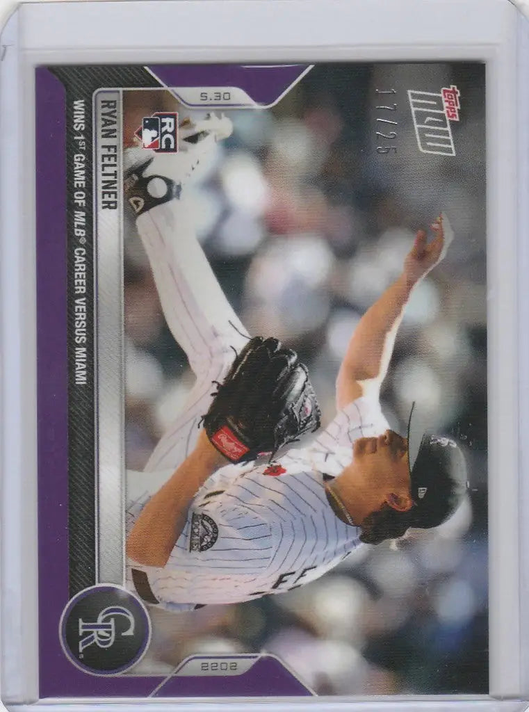 Baseball trading card of Ryan Feltner Colorado Rockies pitcher mid-throw action