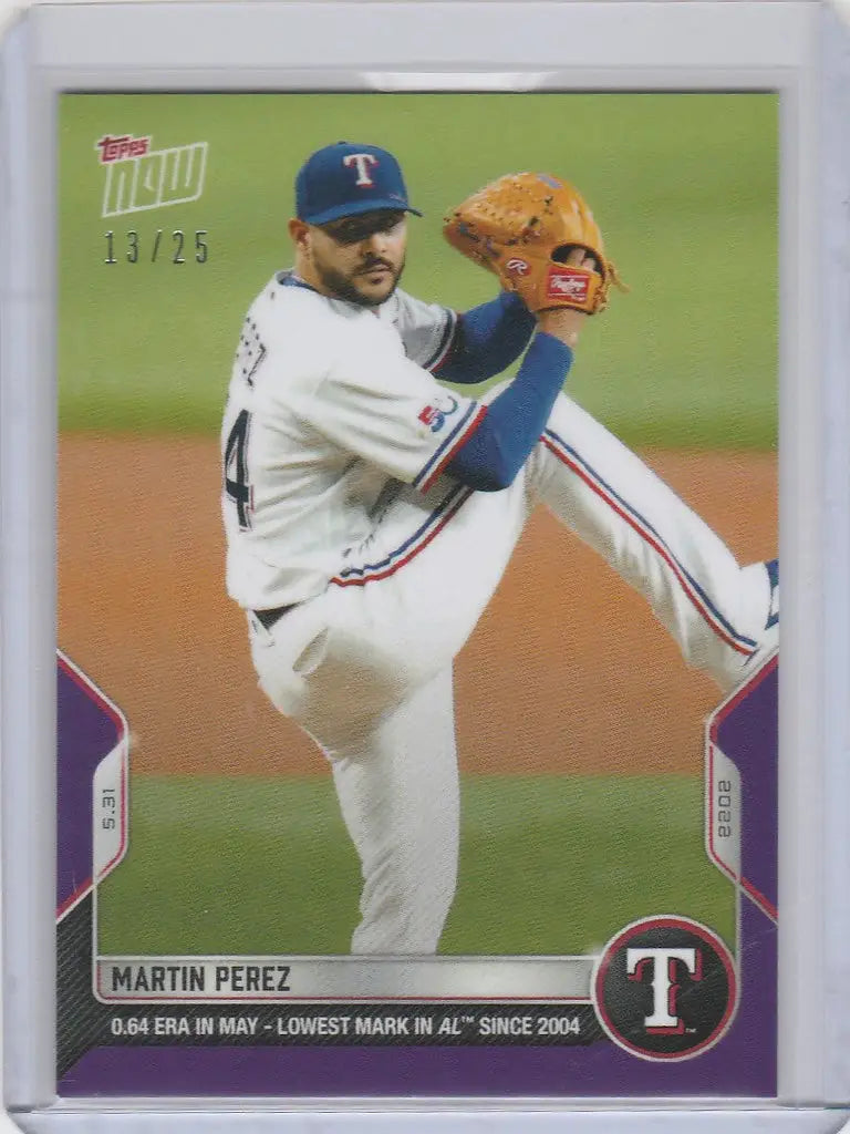 Baseball card of Martin Perez Texas Rangers pitcher in mid-throw, 2022 TOPPS NOW