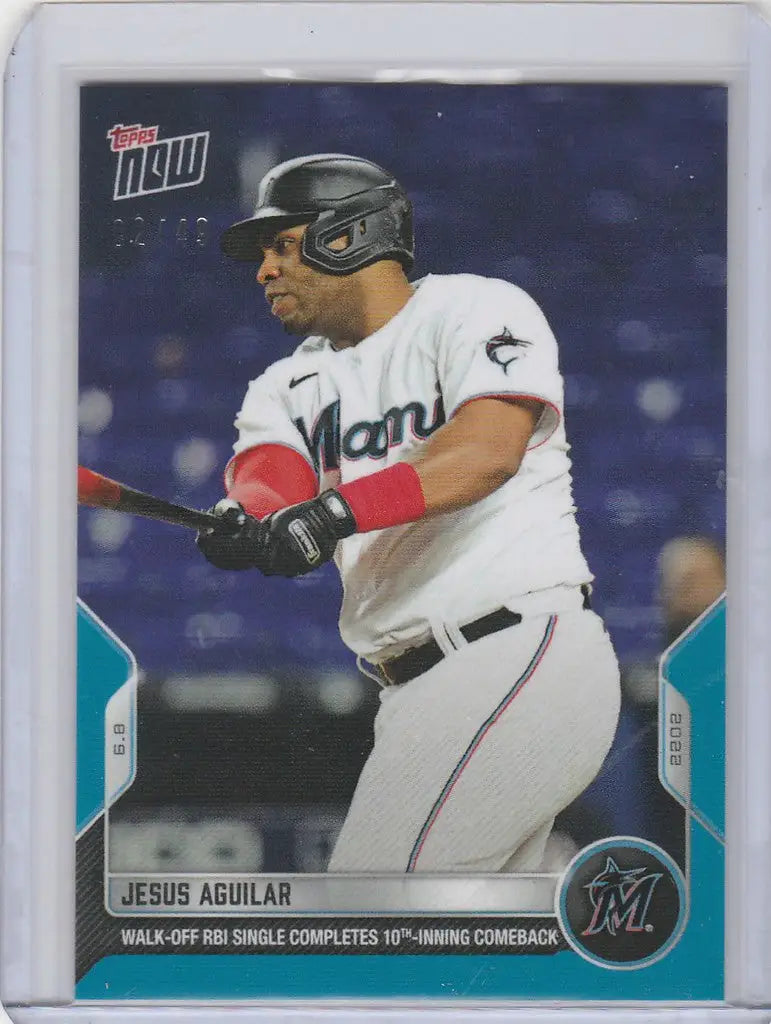 Baseball trading card of Jesus Aguilar Miami Marlins at bat from 2022 Topps Now