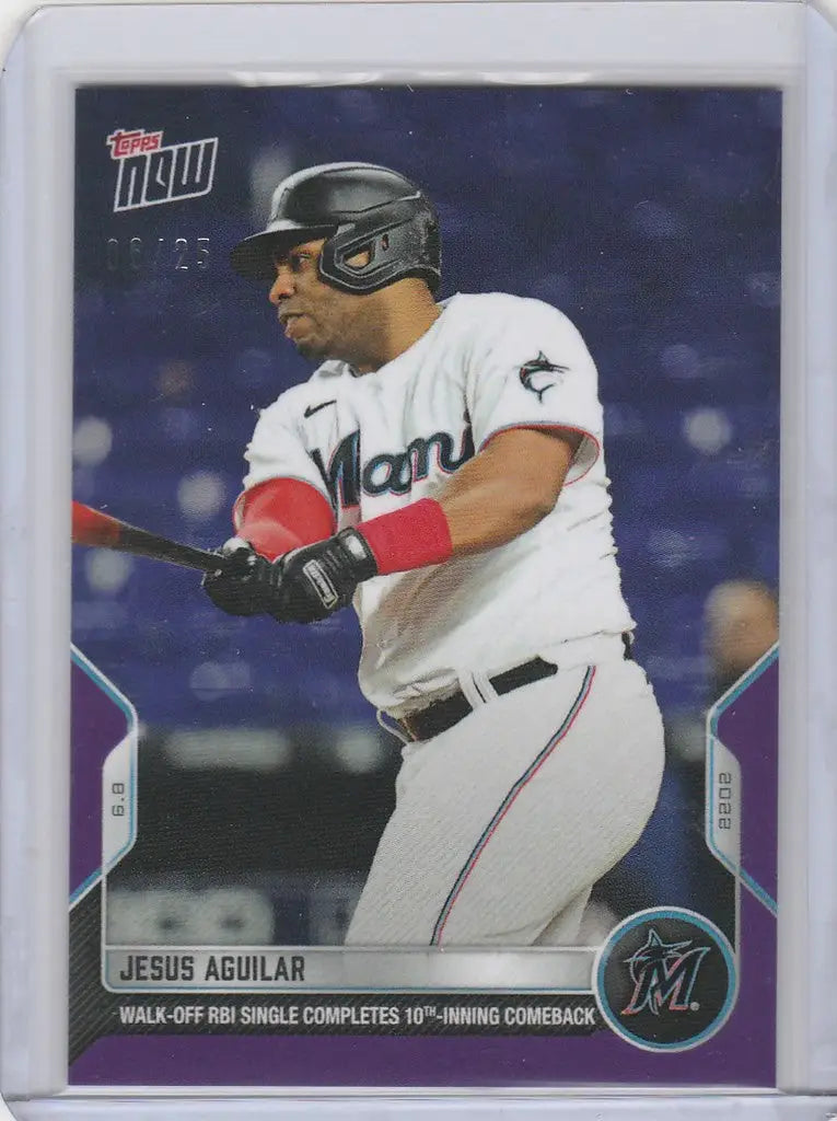 Baseball card of Jesus Aguilar Miami Marlins player at bat from 2022 TOPPS NOW