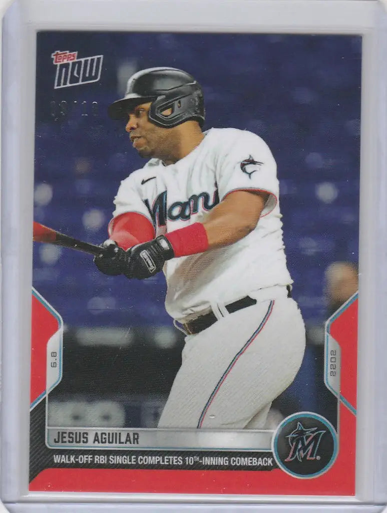 Baseball trading card of Jesus Aguilar Miami Marlins at bat from 2022 Topps Now Parallel