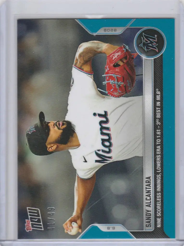 Baseball trading card of Sandy Alcantara mid-throw in Miami Marlins uniform