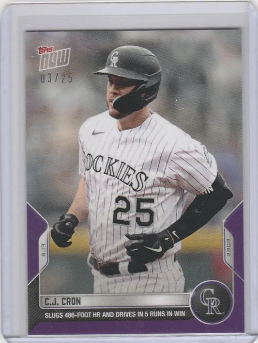 Baseball card of CJ Cron Colorado Rockies player in white pinstriped uniform number 25