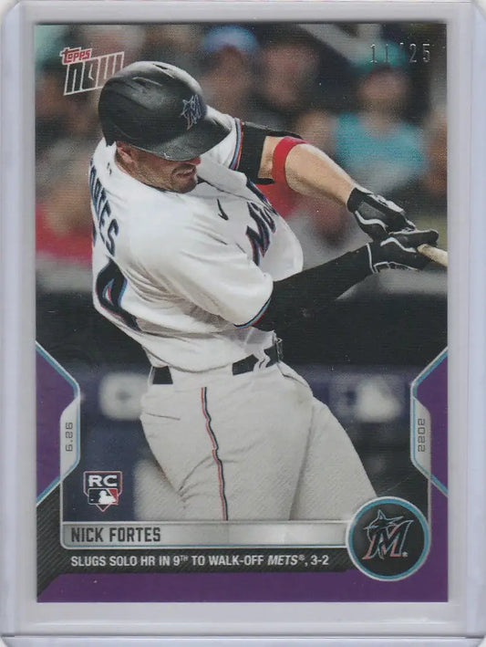 Baseball card of Nick Fortes swinging bat for Miami Marlins, 2022 TOPPS NOW #416