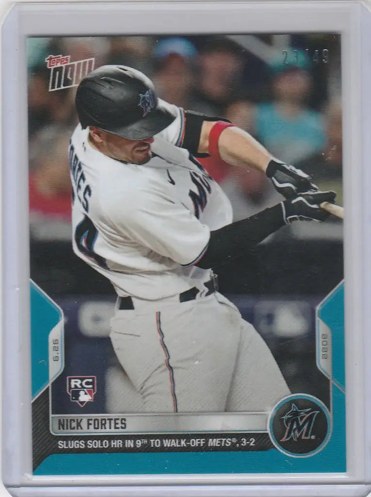 Baseball card of Nick Fortes swinging bat for Miami Marlins, 2022 Topps Now Parallel