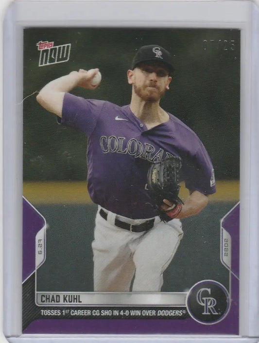 Baseball card of Chad Kuhl Colorado Rockies pitcher mid-throw 2022 Topps Now 7/25