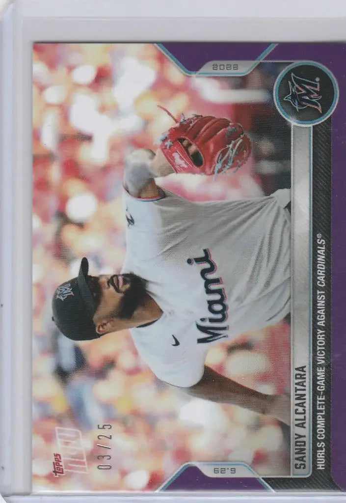 Baseball card of Sandy Alcantara in mid-throw, representing Miami Marlins