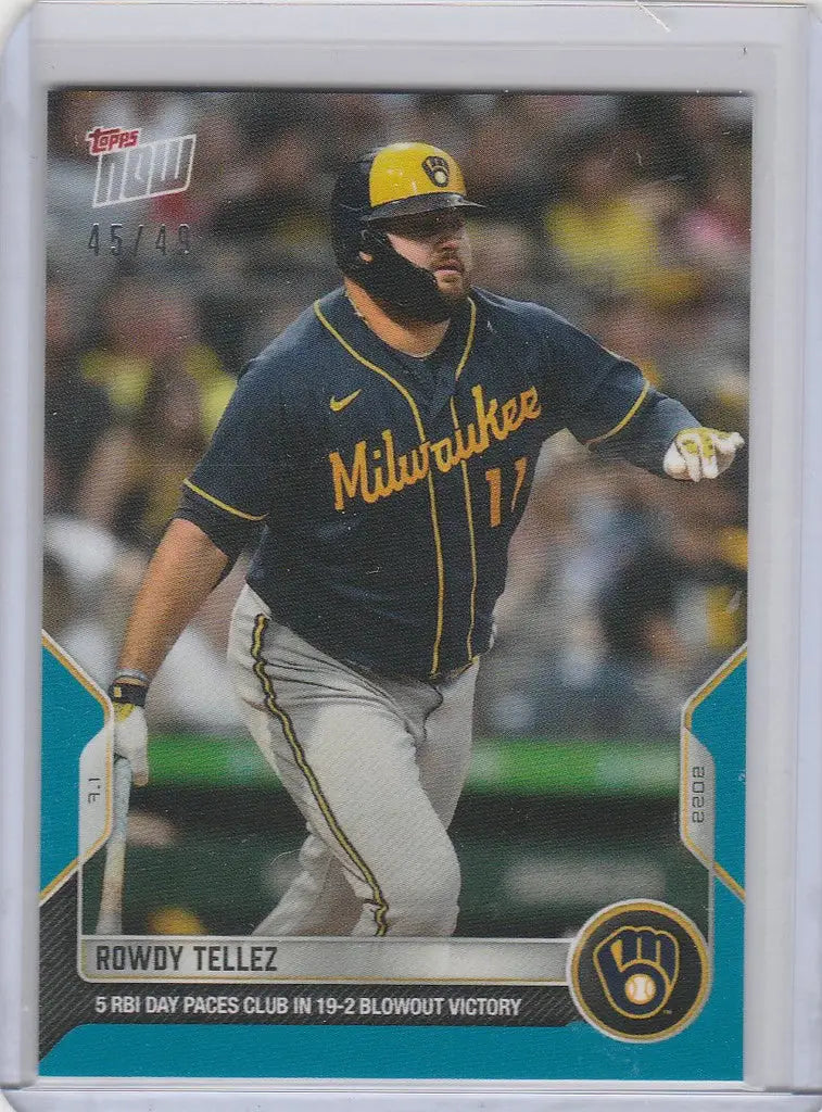 Baseball card of Rowdy Tellez in Milwaukee Brewers navy and yellow uniform