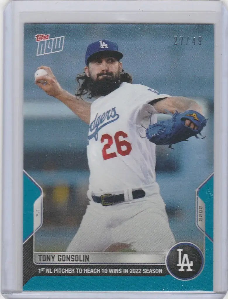 Baseball card of Tony Gonsolin mid-throw for Los Angeles Dodgers 2022 Topps Now