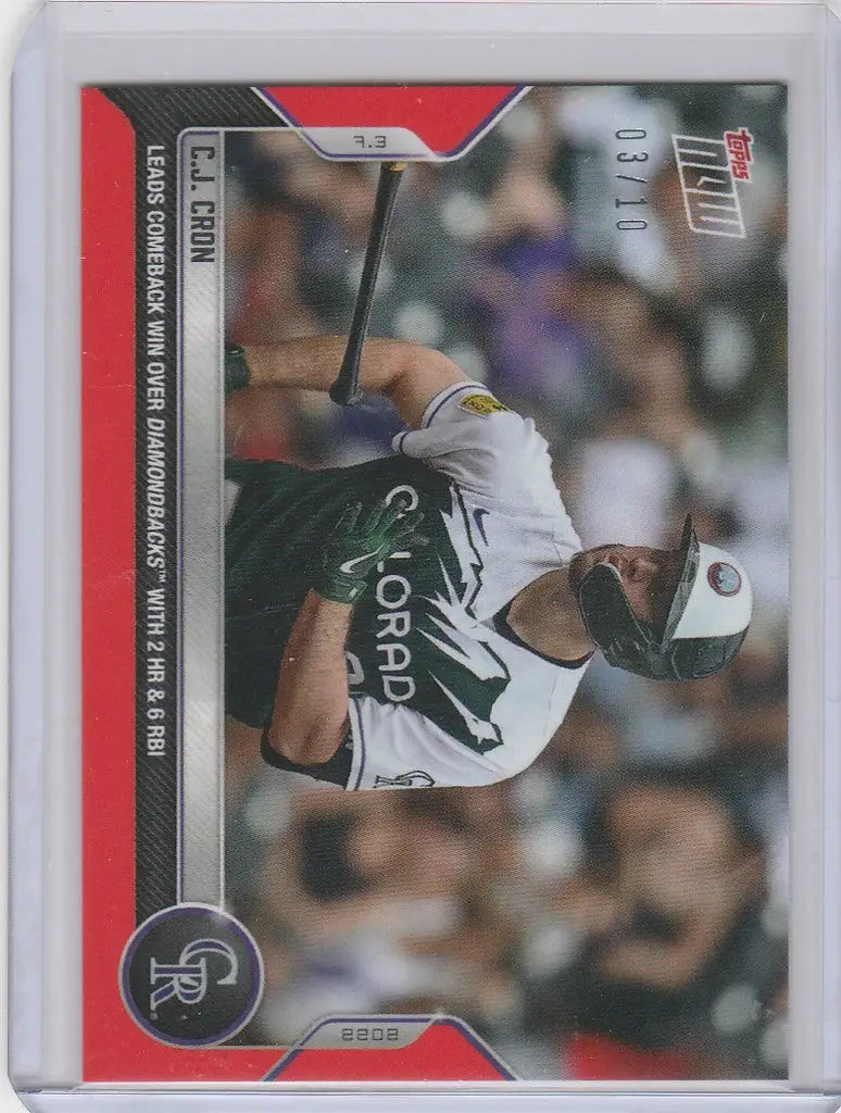 Baseball trading card of CJ Cron swinging bat, Colorado Rockies 2022 Topps Now