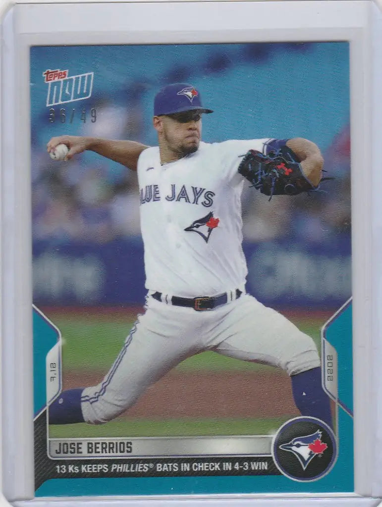 Baseball card of Jose Berrios Toronto Blue Jays pitcher mid-throw 36/49 TOPPS NOW PARALLEL