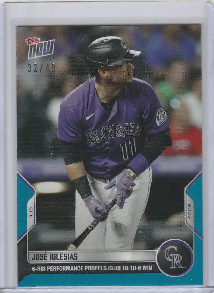 Baseball card of Jose Iglesias in purple jersey for Colorado Rockies, 32/49