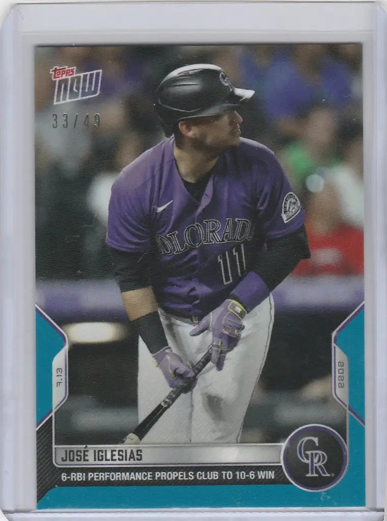 Baseball card of Jose Iglesias Colorado Rockies in batting stance, 2022 Topps Now Parallel