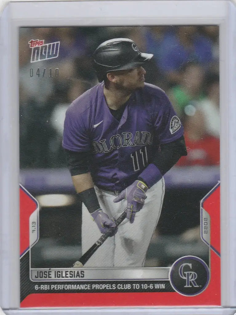 Baseball card of Jose Iglesias in batting stance for Colorado Rockies 2022 Topps Now