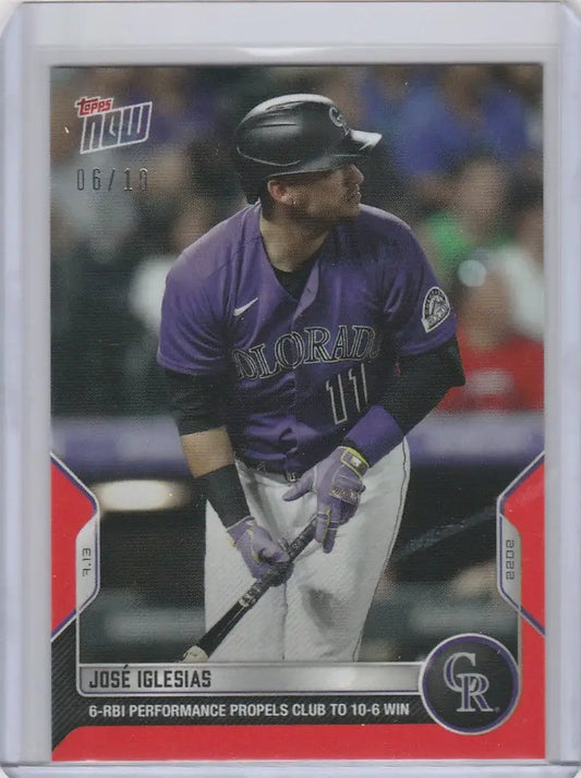 Baseball card of Jose Iglesias Colorado Rockies in batting stance, 6/10 parallel