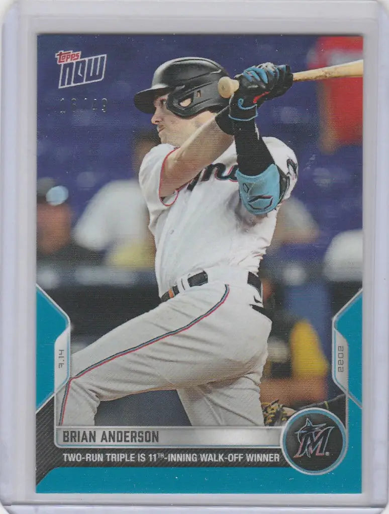 Baseball card of Brian Anderson Miami Marlins player mid-swing in 2022 Topps Now Parallel