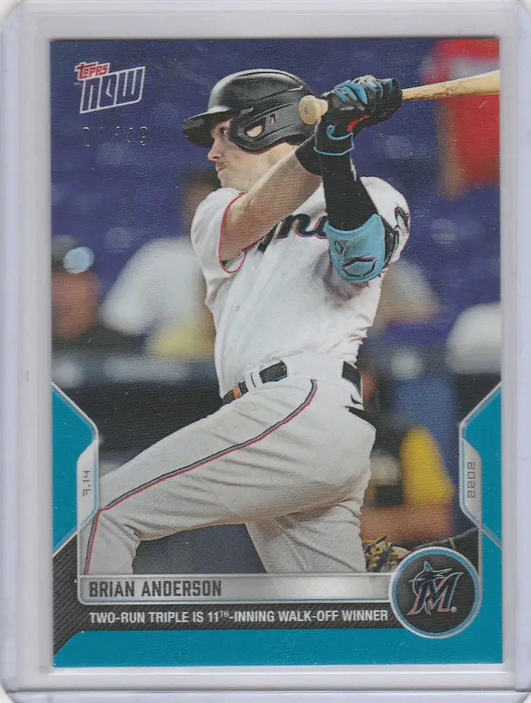 Baseball card of Brian Anderson mid-swing, 2022 Topps Now parallel, Miami Marlins