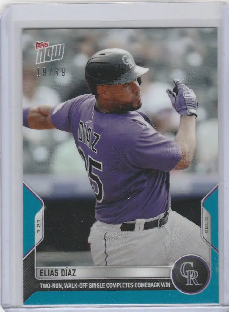 Baseball card of Elias Diaz Colorado Rockies in a batting stance from 2022 TOPPS NOW