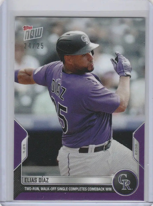 Baseball card of Elias Diaz in batting stance for Colorado Rockies 2022 Topps Now