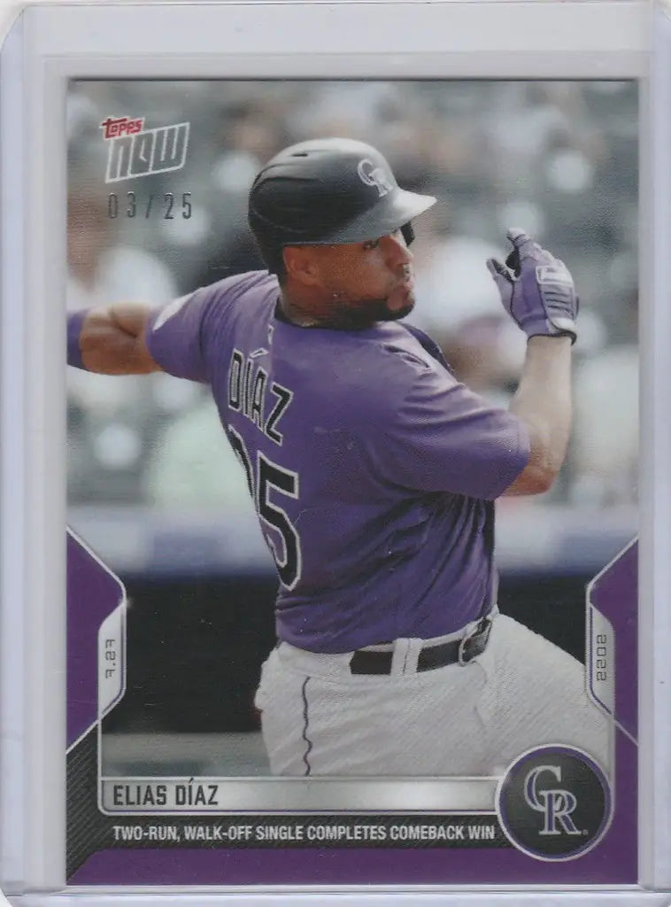 Baseball card of Elias Diaz Colorado Rockies player in batting stance, 2022 Topps Now Parallel