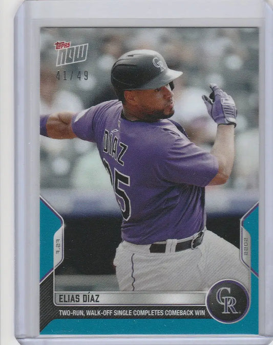 Baseball card of Elias Diaz in batting stance, featuring Colorado Rockies design