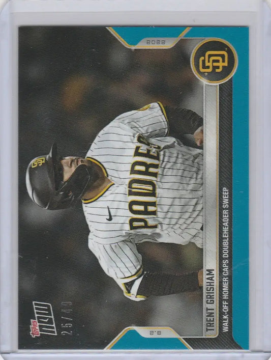 Baseball trading card of Trent Grisham San Diego Padres in mid-swing action