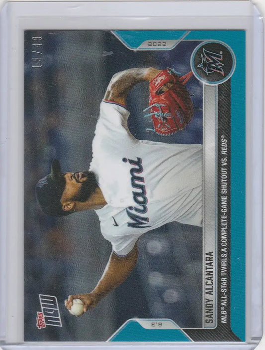 Baseball trading card of Sandy Alcantara Miami Marlins pitcher in mid-throw