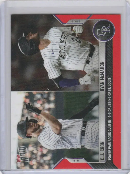 Baseball trading card of C.J. Cron and Ryan McMahon Colorado Rockies action shots