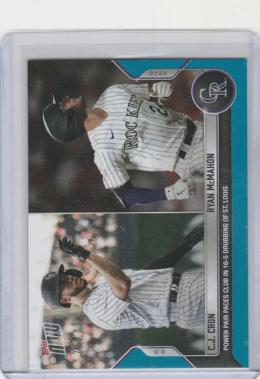 Baseball trading card featuring Cron Ryan McMahon and action shots of McMahon Colorado Rockies