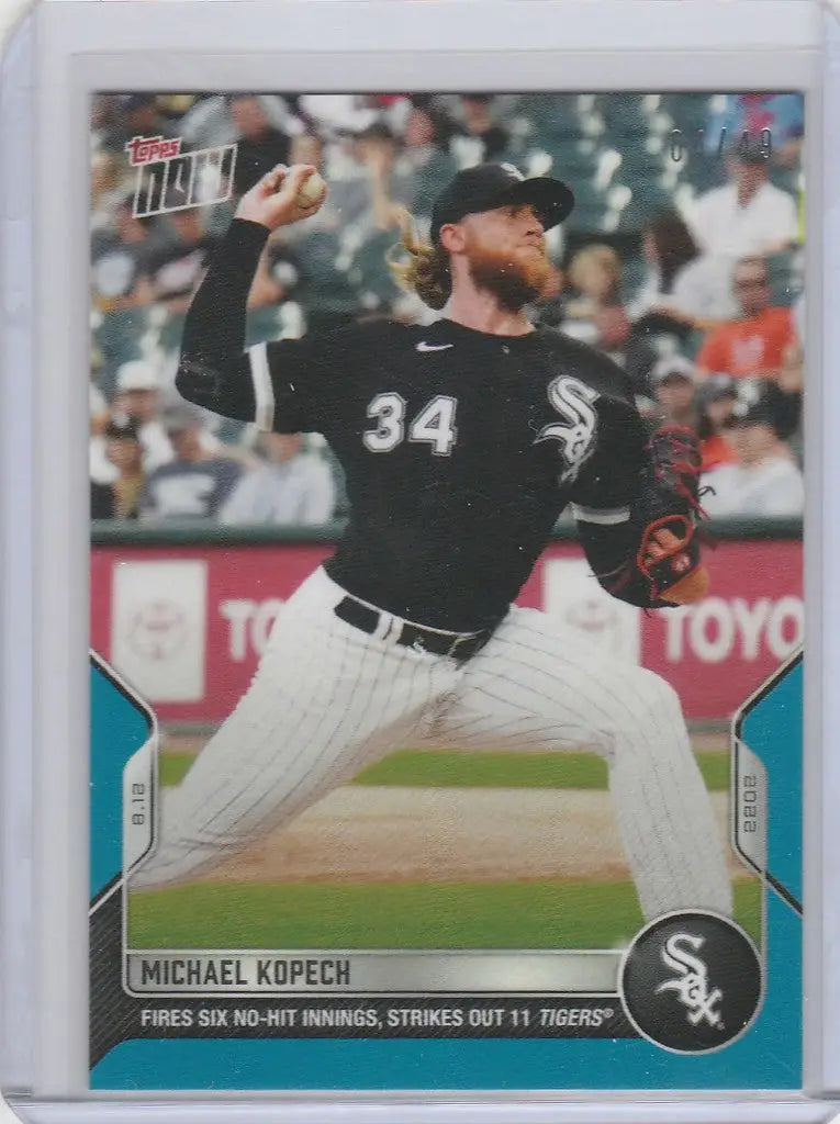 Baseball card of Michael Kopech mid-throw for Chicago White Sox, 2022 Topps Now Parallel